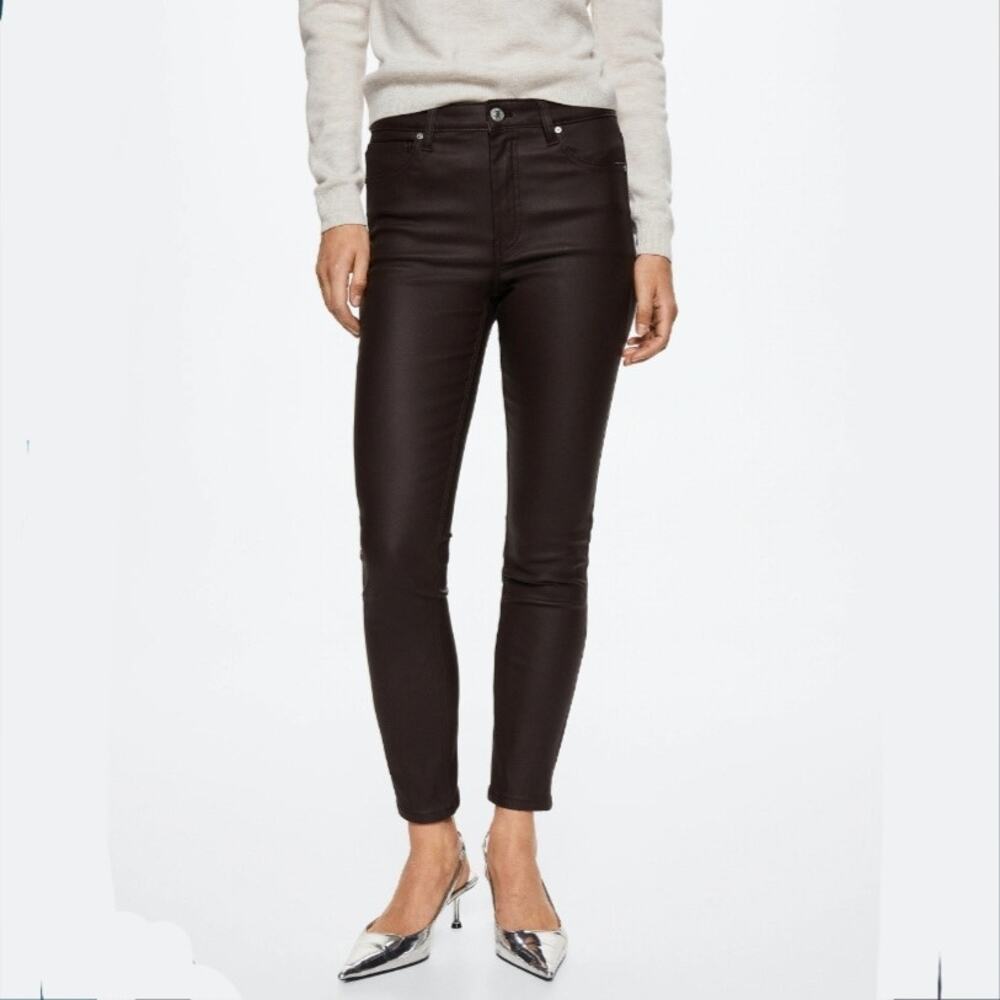 Mango Women Coated Black Skinny Ankle Zip Jeans 6 Modern Grunge Chic Goth Rocker